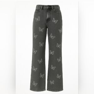 Butterfly Embroidered Gray Women Jeans